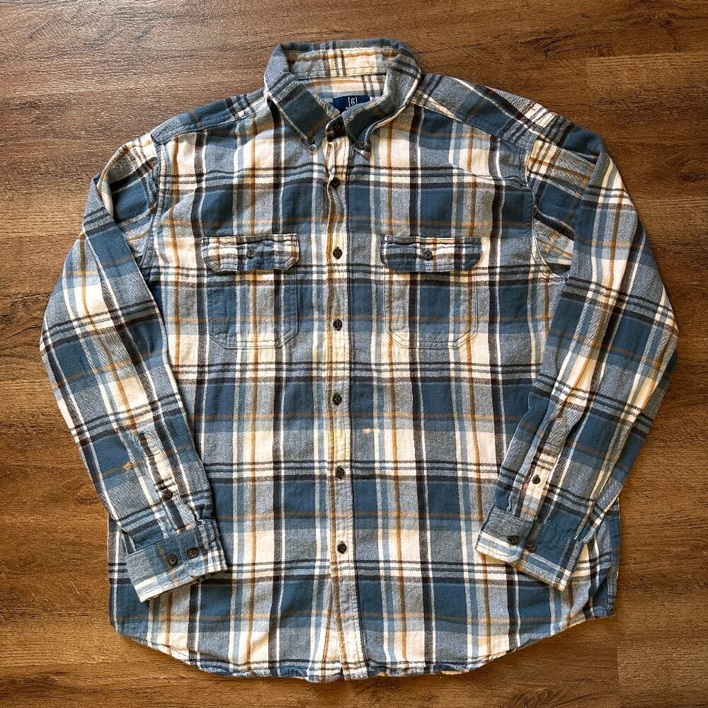 George Casual Button Down Mens XL Blue White Plaid Rugged Flannel Shirt